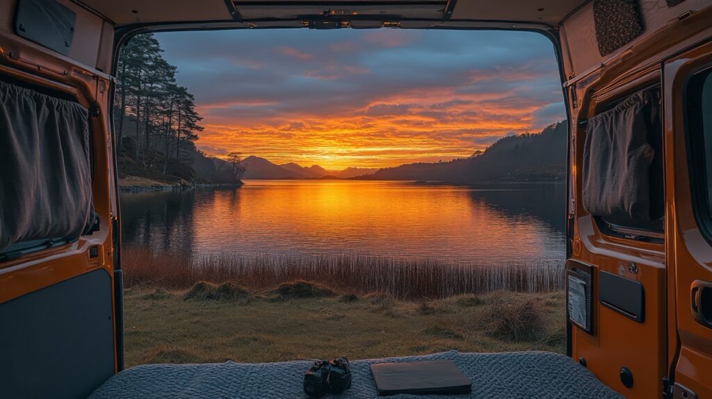 Un coucher de soleil depuis un van aménagé